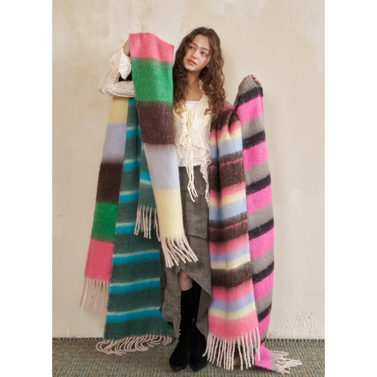 

2025new color striped women's scarf must-have for cold winter soft rainbow color thick and warm outer layer shawl cashmere scarf