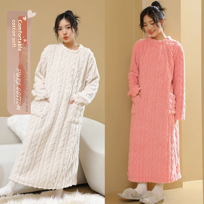 Autumn and Winter Coral Velvet Nightgown Women\'s Warm Padded Thickened Facecloth Medium-Length Nightgown Pajamas Homewear