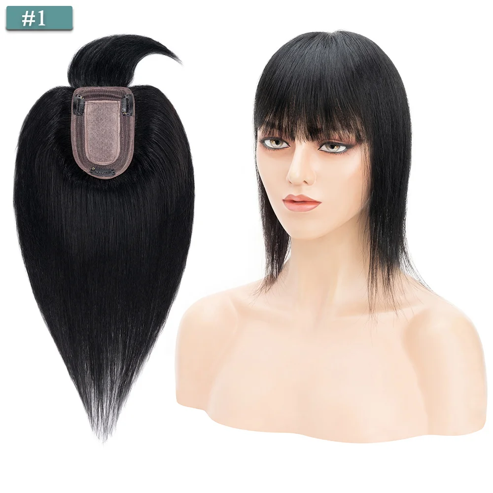 SEGO 7x13CM Echthaar-Topper mit Pony für Frauen, Seidenbasis, natürliche Haarteile, Perücken für Haarausfall, Volumenabdeckung, graues Haar – Detail 10