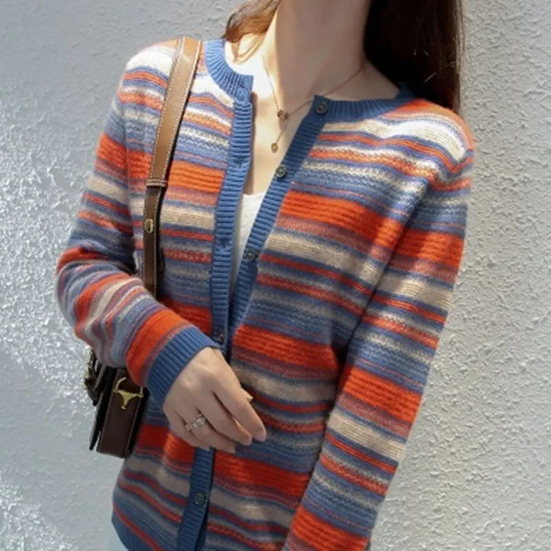 

Striped Knitting Cardigan Autumn Contrast Color Women's Sweater Ladies Long Sleeve Single-Breasted Knitted Tops