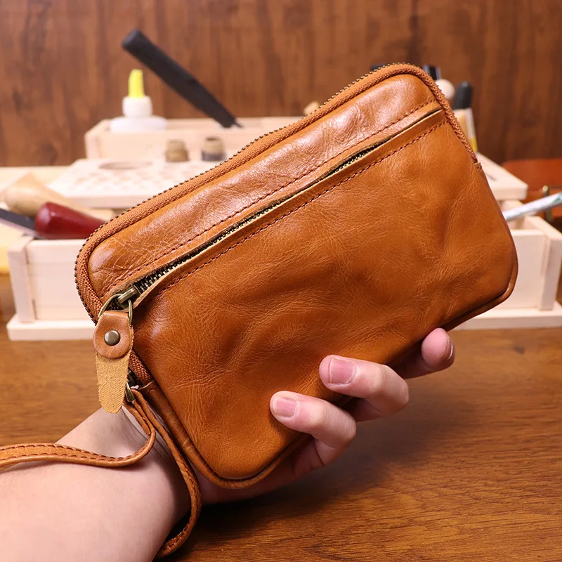 Vegetable Tanned Leather Zipper Purse Cowhide Zero Wallet Large Capacity Card Bag Cow Leather Key Storage Bag Clutch Bags Wallet