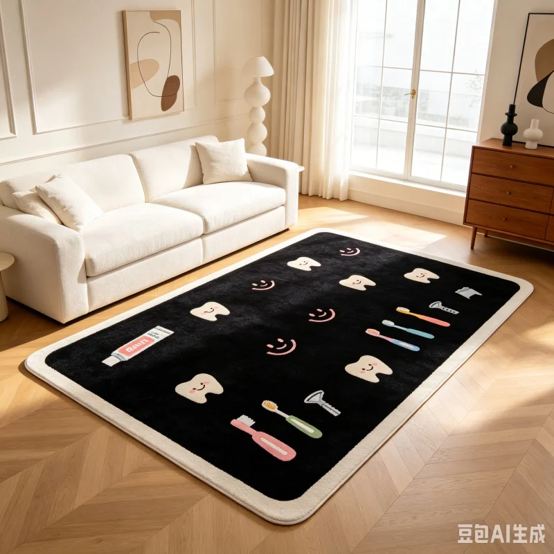 Newest Carpet Black Flannel Large Floor Rug Cartoon Teeth Dental Tools Print Non Slip Soft Area Carpet For Household Decor