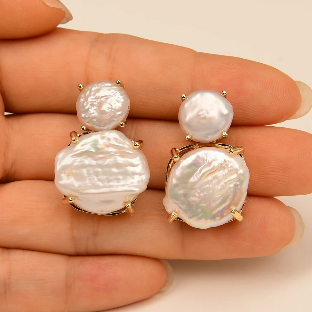 GG Cultured White Coin Keshi Pearl Gold Plated Stud Earrings For Lady