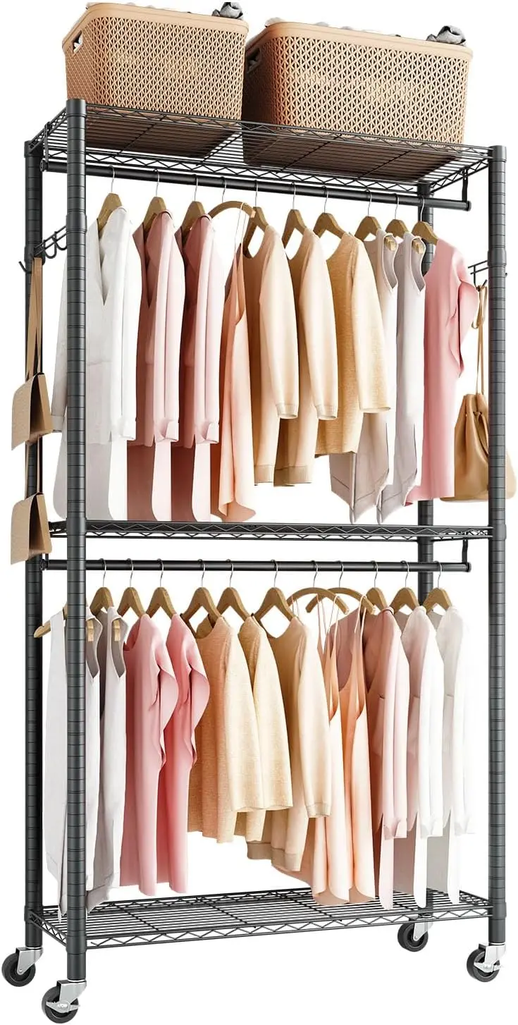 

Heavy Duty Clothing Rack with Adjustable Shelves, Steel Frame Closet Organizer for Bedroom or Hallway