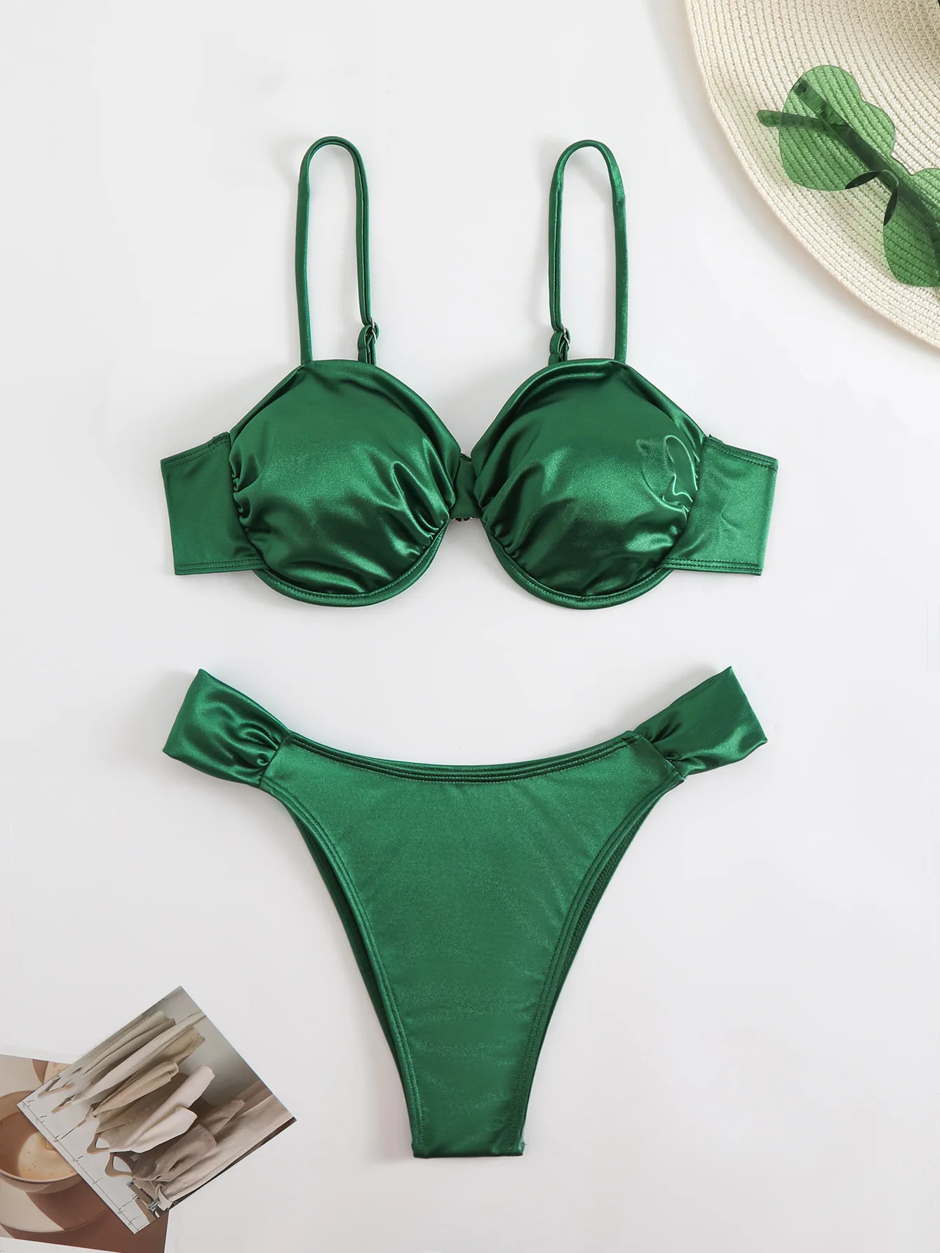 sexy satin push up bikinis sets two pieces green plain high waist swimsuit Swimwear conjunto de bikini tankini beachwear biquini