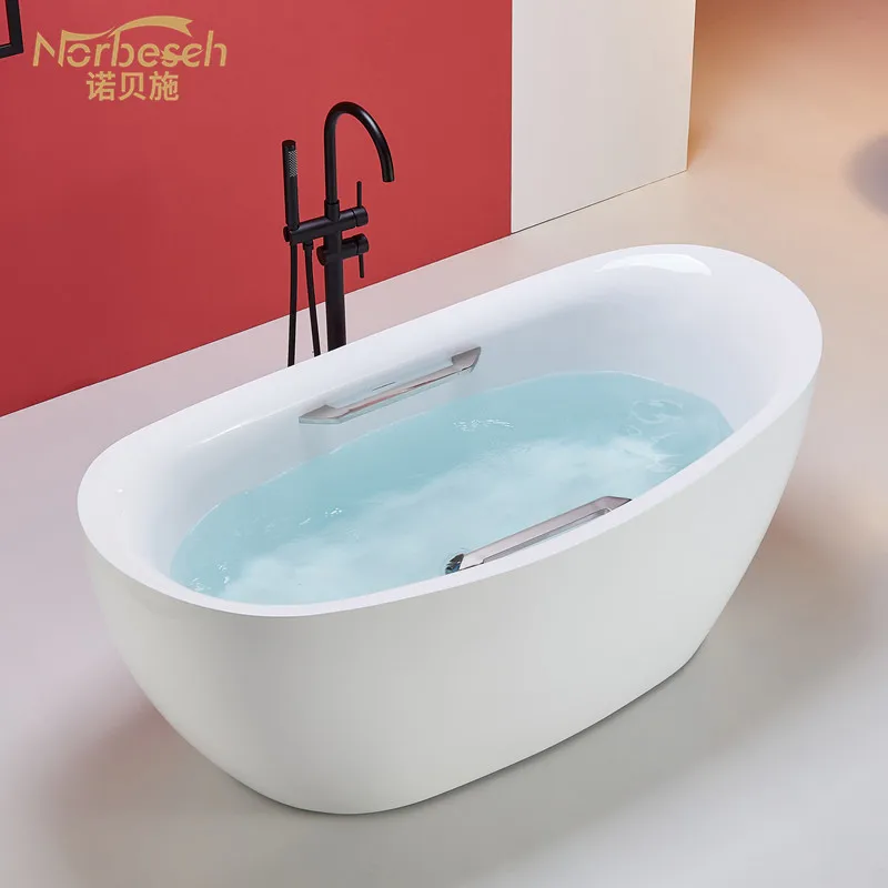 

Household Free-standing Acrylic Bathtub Double Armrest Oval Hotel Bath Large Space Bathtub 1.5-1