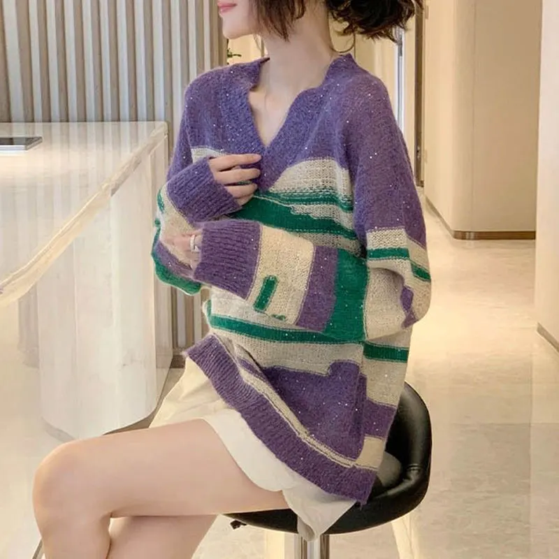 

Korean Contrasting Colors Striped Hollow Out Sweaters Spring Autumn All-match Women's Clothing Loose Long Sleeve Knitted Jumpers