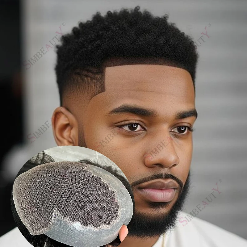 

4mm 6mm Afro Hairstyle for Male Hair Loss Toupee Cheapest Q6 Undetectable Lace PU Man Wig Kinky Curly Jet Black Human Hair Wigs