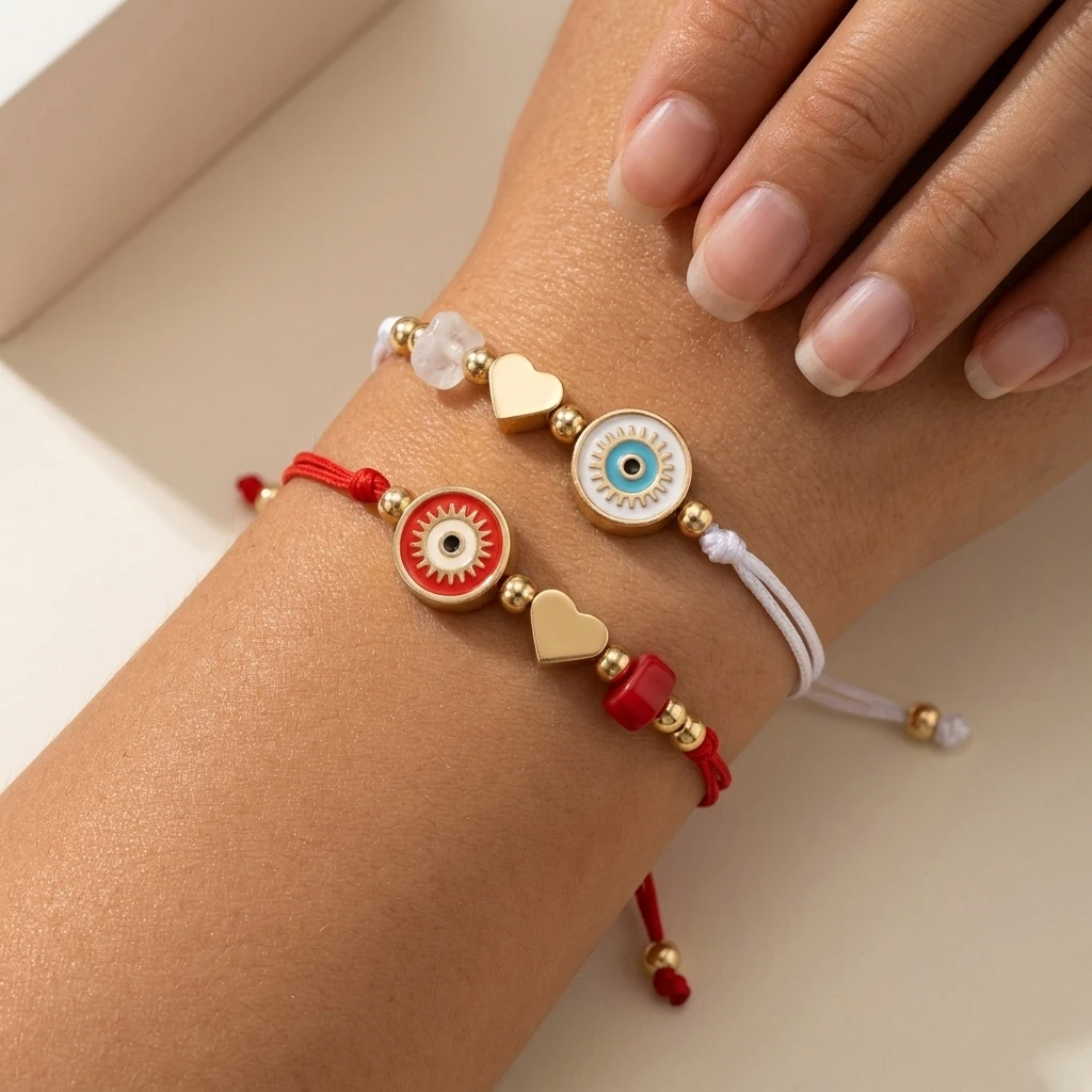 

2PCS Bohemian Style Red & White Heart Evil Eye Adjustable Couple Bracelets, Perfect Gifts For Holiday Celebration