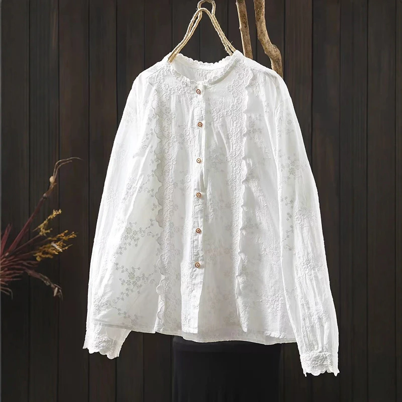여성 긴팔 면 셔츠 신상 2025 가을 빈티지 스타일 스탠드 칼라 꽃 자수 여성 우아한 탑 셔츠 T757