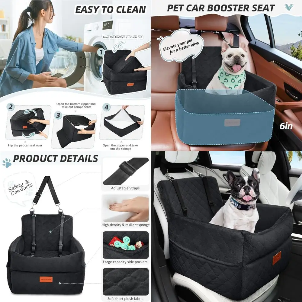 

Memory Foam Booster Seat with Cushion for Medium Dogs up to 35lbs, Washable Car Bed, Storage Pockets, 2 Safety Belts