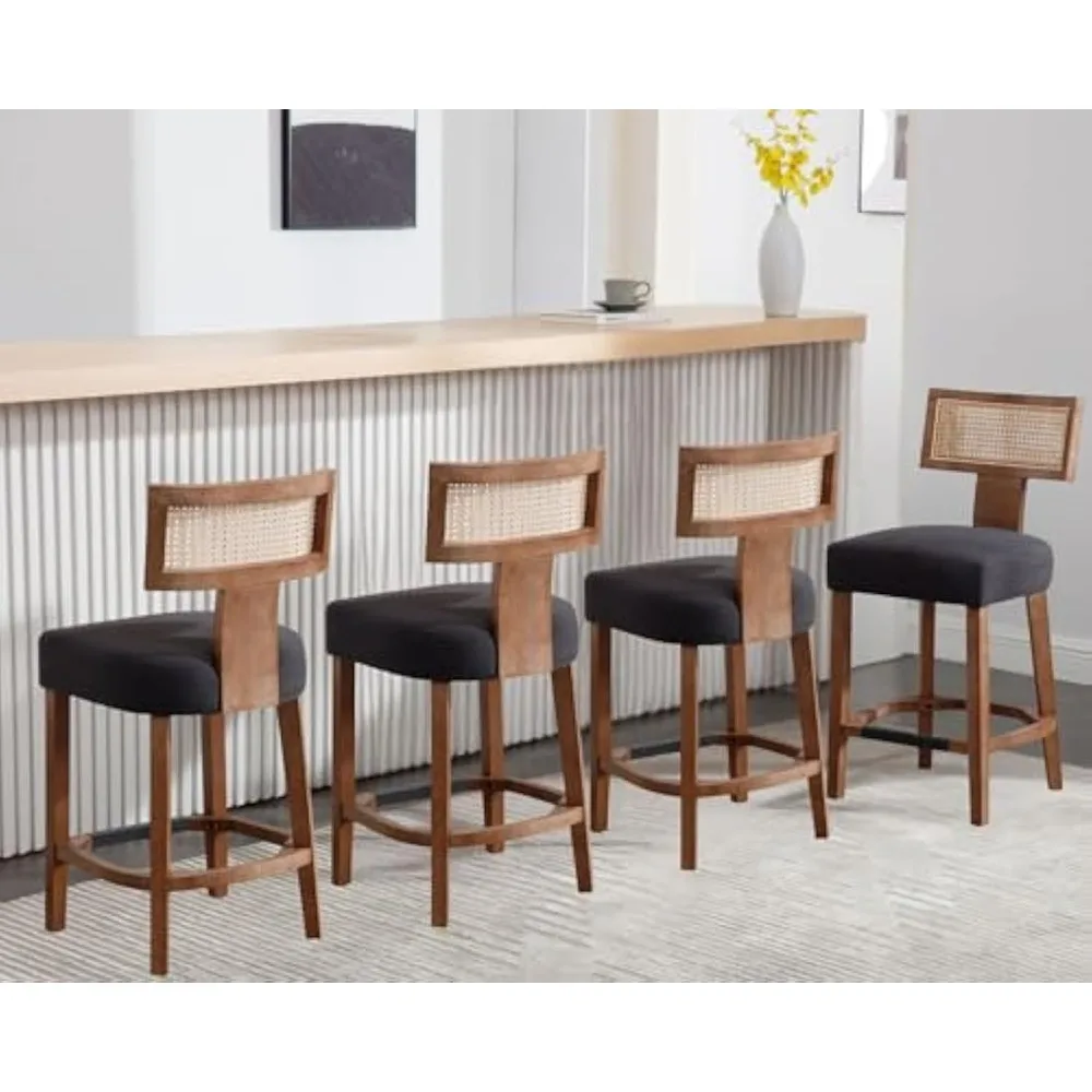 

26’’ Rattan Barstools with Back Counter Height Bar Stools Set of 4 Charcoal Linen Counter Stools Upholstered Wicker Bar Stools