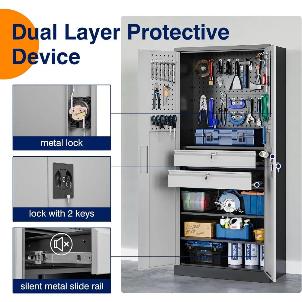 Metalowa szafka garażowa z zamykanymi drzwiami i szufladami, wytrzymała stalowa szafka narzędziowa z płytką, magazyn, piwnica