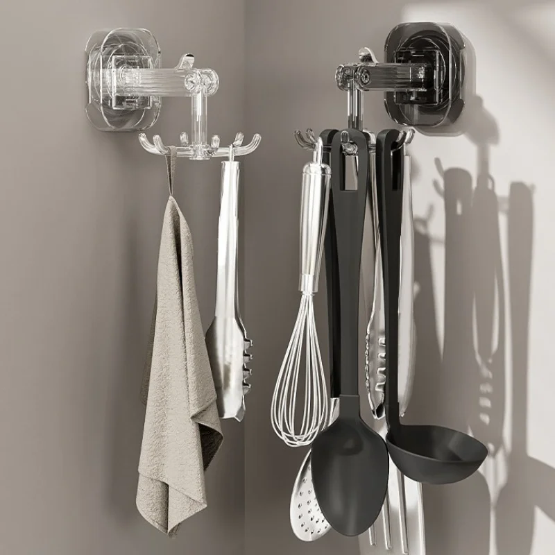 Kitchen Suction Cup Six-Claw Rotating Hook Rack Free Punch Wall Multi-Functional Spatula Spoon Storage Wall Mount Storage Rack