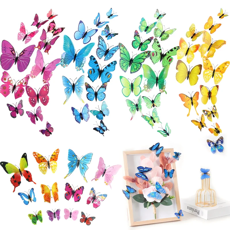 12 teile/satz Simulierte Schmetterling 3D Aufkleber Magnetische/Doppelseitiges Klebeband Wand Kühlschrank Aufkleber Urlaub Party DIY Dekoration TMZ