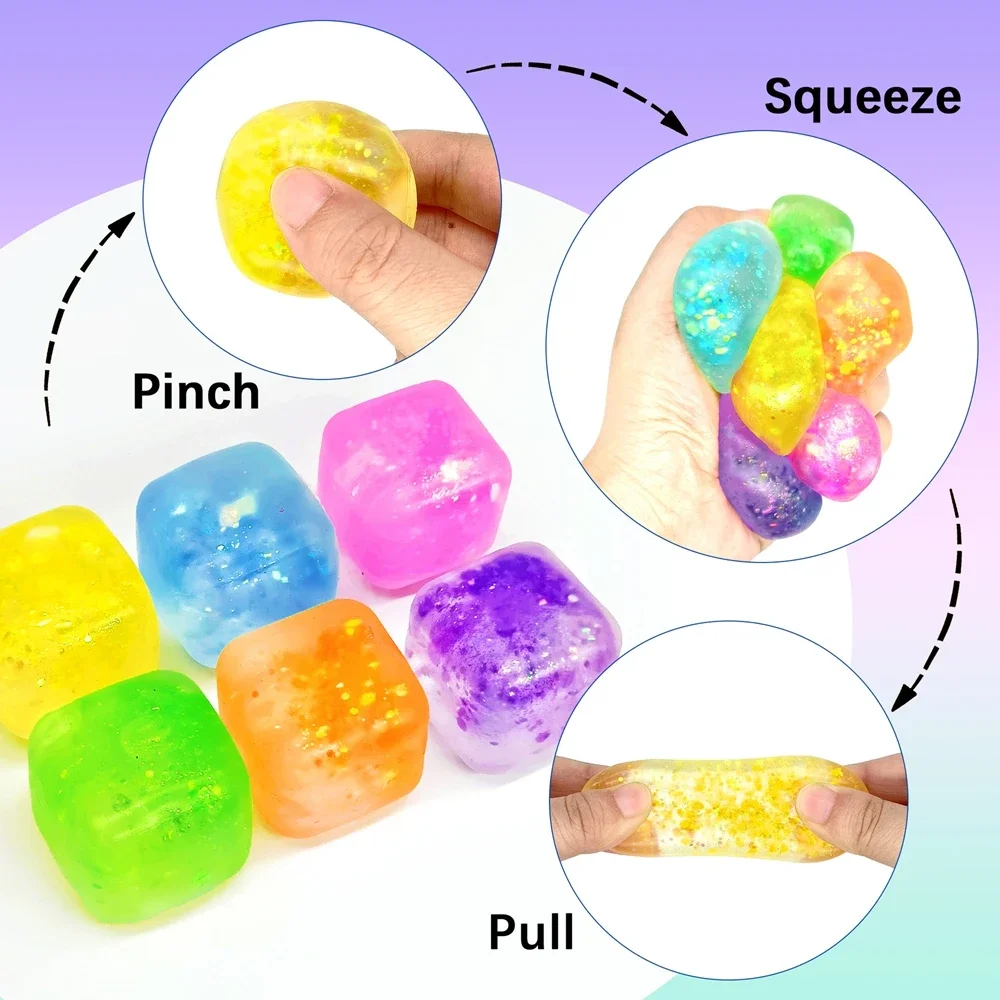 Maltose Glitter Squishy Stress Relief Balls Love Square & Round Fidget Toys Bulk Squeeze Sensory Balls for Party Favors