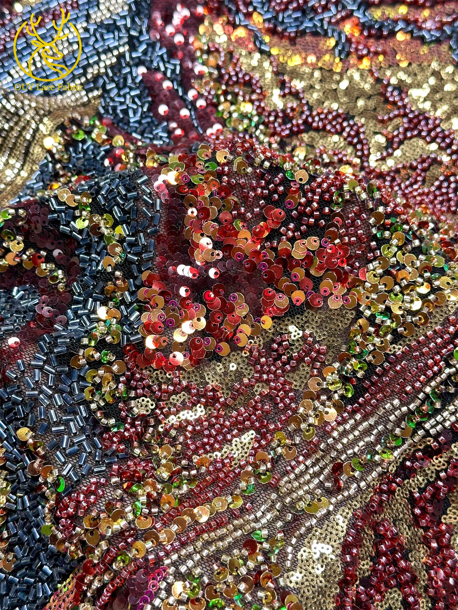 Nigerianische schwere, vollständig perlenbesetzte Spitze, hochwertiger afrikanischer Pailletten-Spitzenstoff, französischer Stickerei-Tüllstoff für hochwertige Partykleider – Detail 7