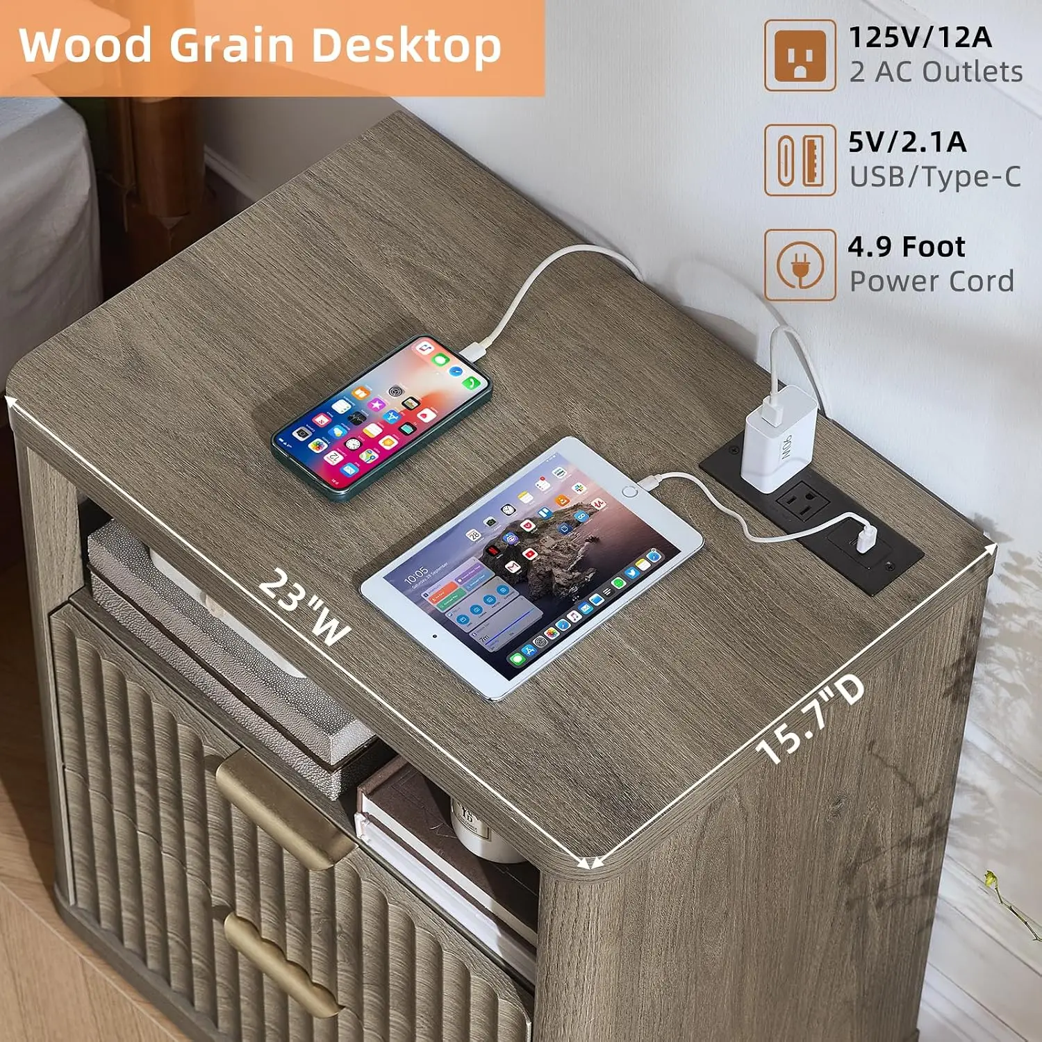 Farmhouse Nightstand Set 2 Charging Station, 23