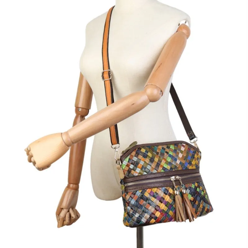 Johnature Genuine Leather Colored Woven Women's Bag 2026 New Versatile Vintage Cowhide Shoulder Crossbody Bags