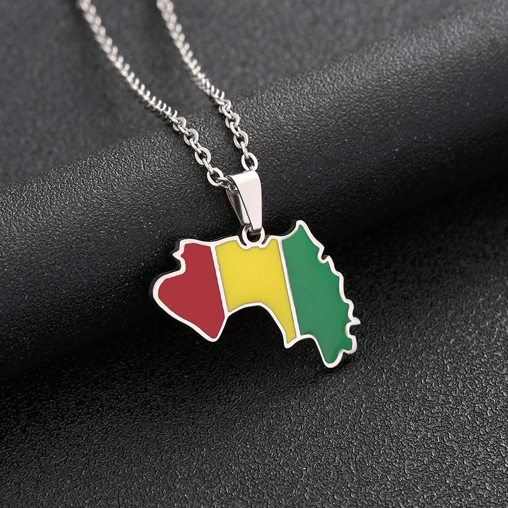 Africa Guinea Map Flag Pendant Necklace Stainless Steel French République de Guinée Men Women Ethnic Map Jewelry Gift