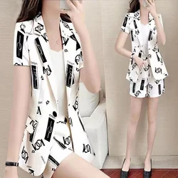 Women's Suit 2024 Summer New Clothes Fashion Korean Style White Pattern Printed Jacket Coat Top Shorts 2 Two Piece Set For Women