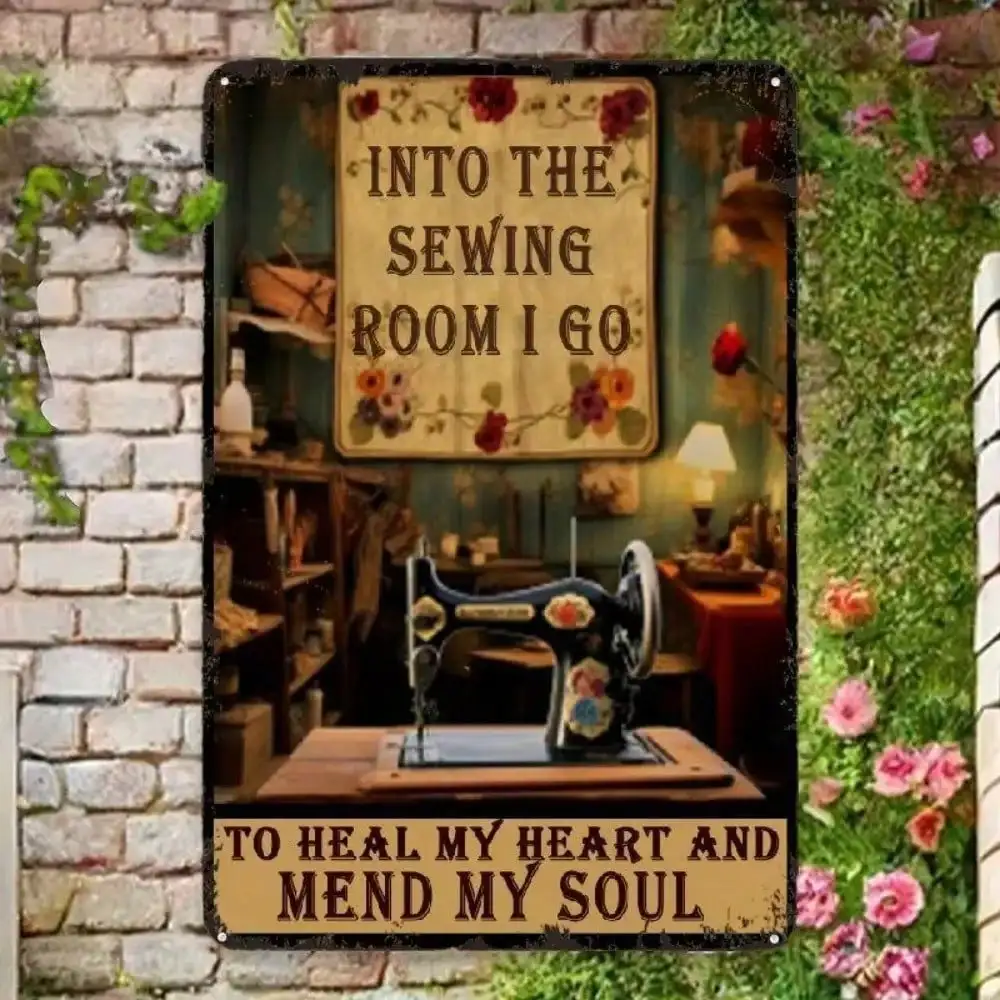 Vintage Metal Sign Wall Decor Retro Sewing Machine Art With Pre-Drilled Hanging Holes
