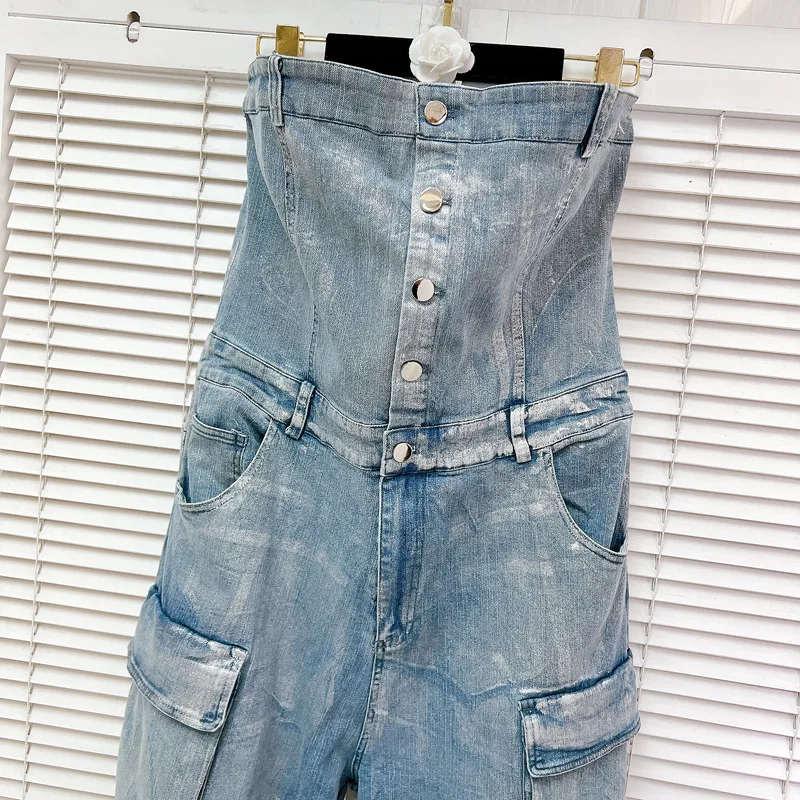 DEATผู้หญิงเคลือบDenim Jumpsuit Straplessหลายกระเป๋าเงินพิมพ์Cargo Playsuits 2024 ใหม่แฟชั่นฤดูหนาว 29L9093