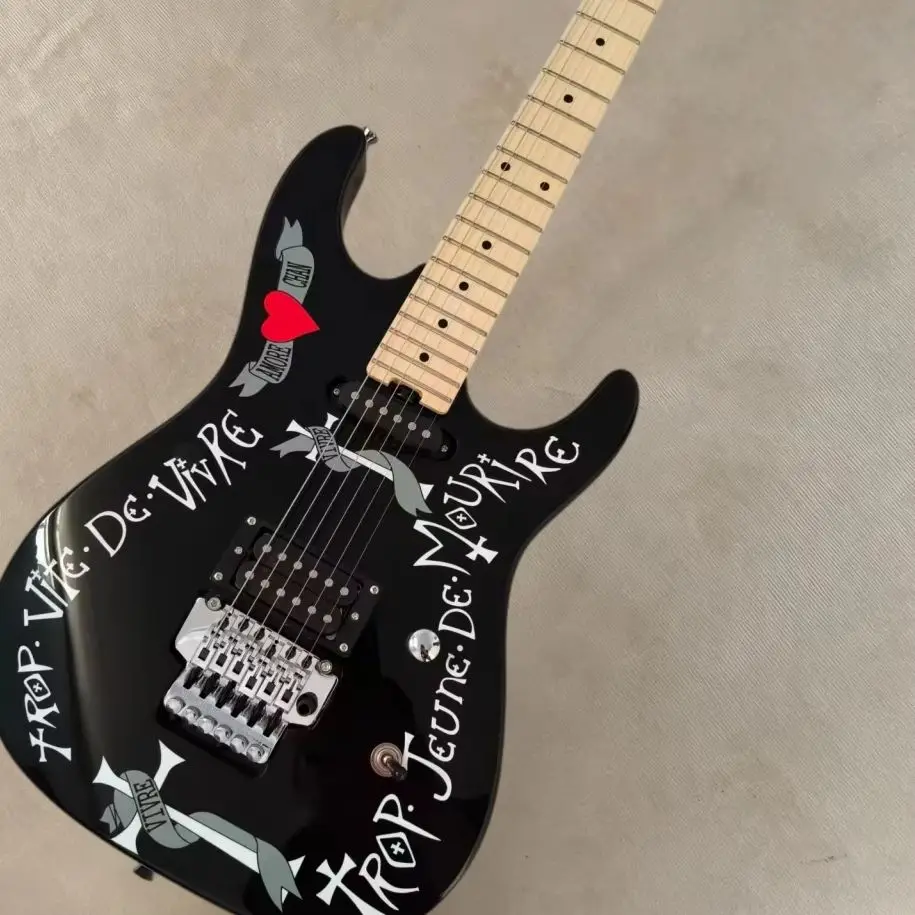 Black Solid Body Electric Guitar with Heart & Cross Graphic Print, Dual Humbucker Pickups, Double Locking Tremolo Bridge