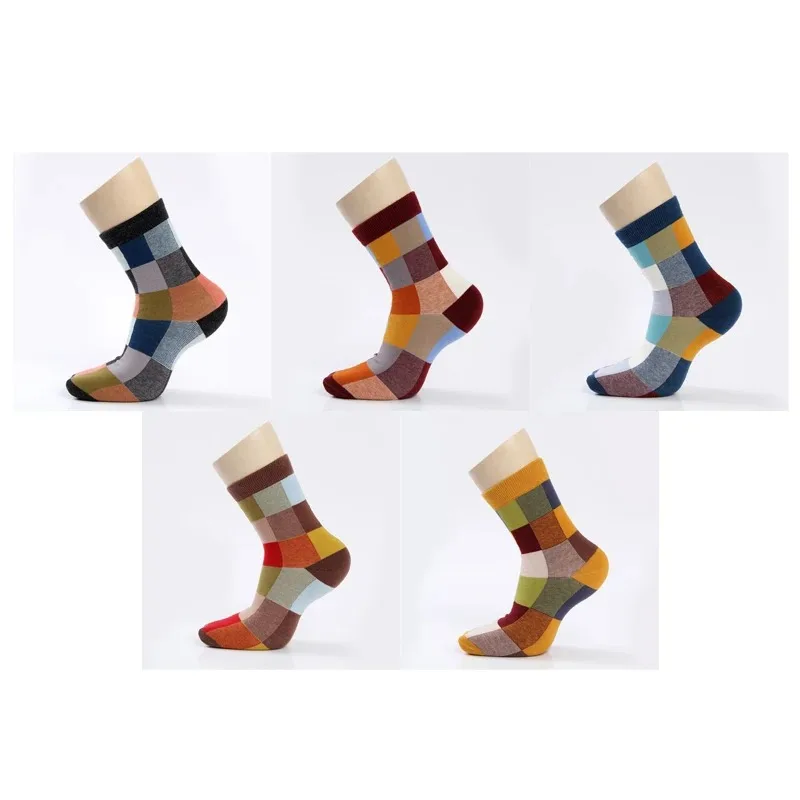 5 Pairs/Lot Combed Cotton Men\'s Socks Compression Socks Fashion Colorful Square Happy Dress Socks Men Size 39-45