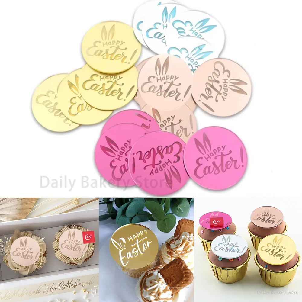 Easter Cake Toppers Acrylic Gold Silver Happy Easter Anniversary Cake Toppers Round Cupcake Toppers Party Dessert Decoration