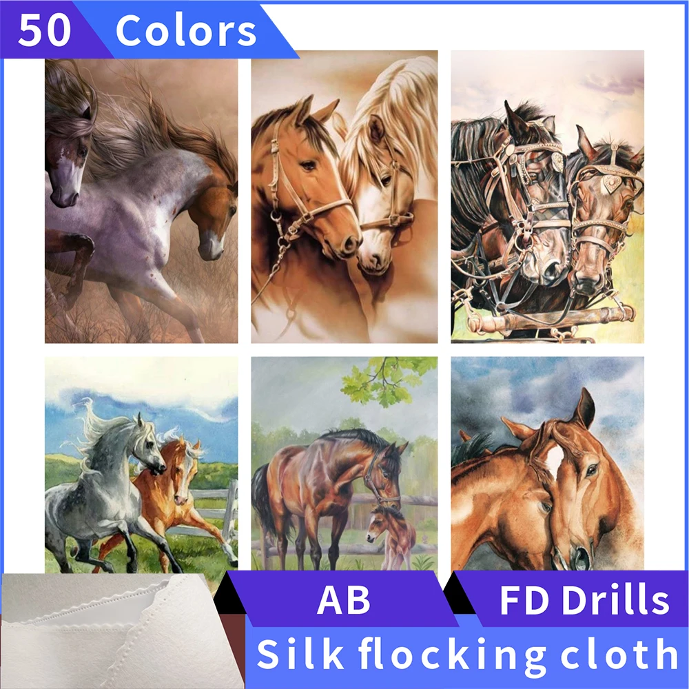 

50 Colors 5D Diamond Painting Two Horses Silk Cloth Square Diamond Embroidery Rhinestone Diamond Mosaic Painting Cross Stitch