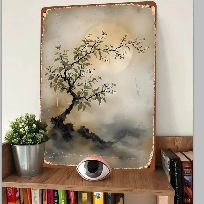 Chinese Bonsai Tree & Moon Custom Metal Wall Art Traditional Style Iron Painting Home Decor