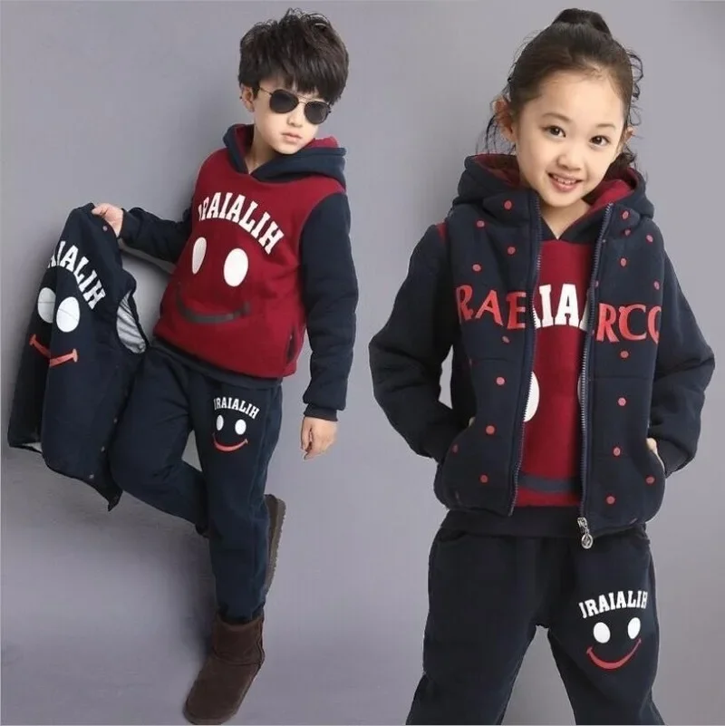 Children Plus Velvet Three-piece Suit Autumn and Winter Thickened Small Middle-aged Big Boy Girl Child Kid Set 10 Years Old