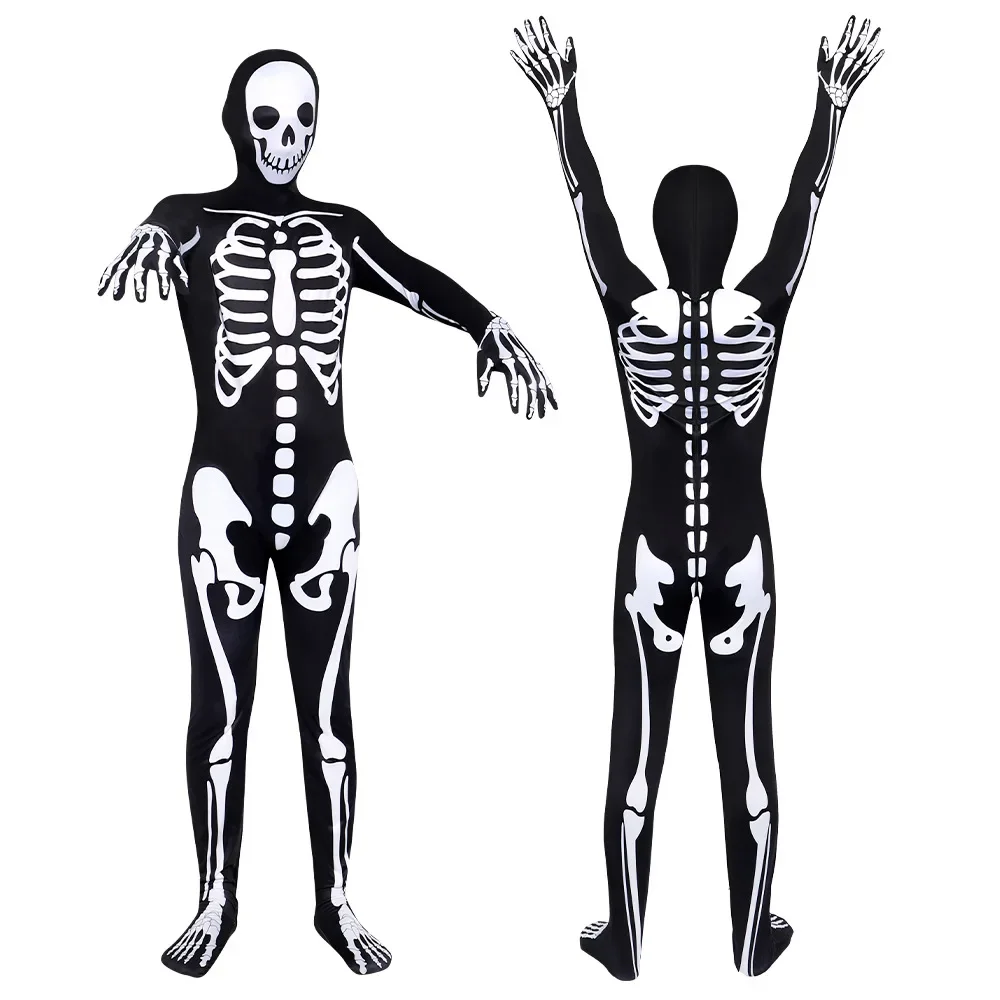 

Adult Men Women Children Halloween Skeleton Jumpsuit Tight Fitting Suit Human Zombie Stage Performance Cosplay Costume