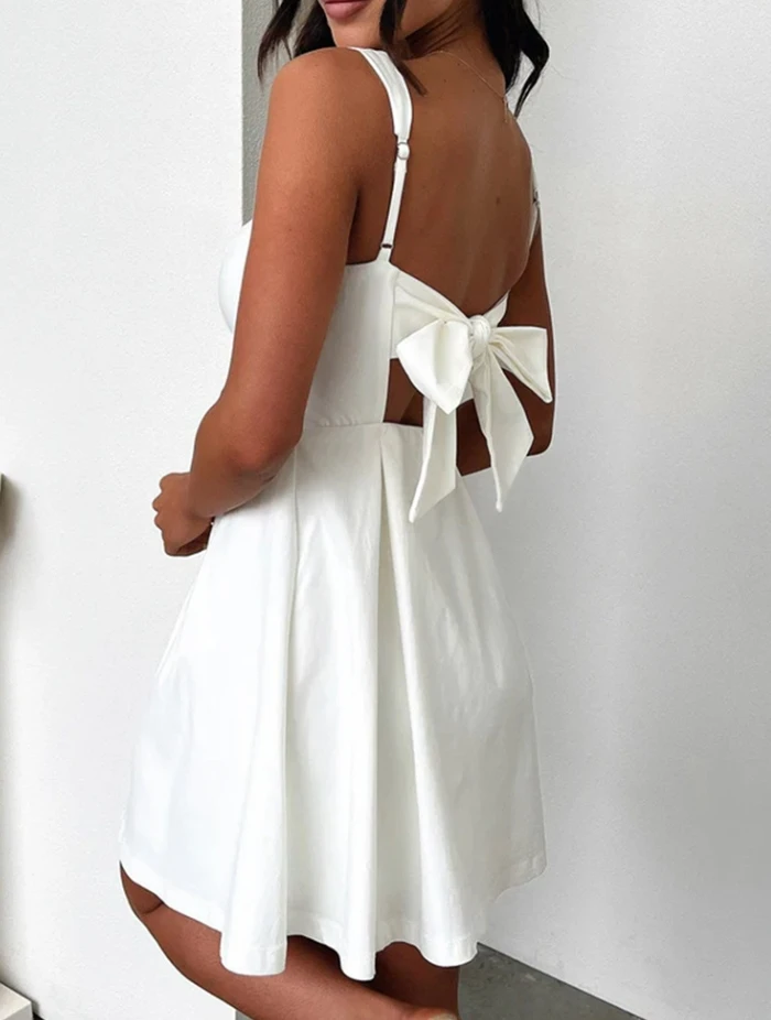 French Women's Dresses Summer Sweet Elegant Solid Color Square Collar Camisole Bow Design Backless High Waist Fashion Mini Dress