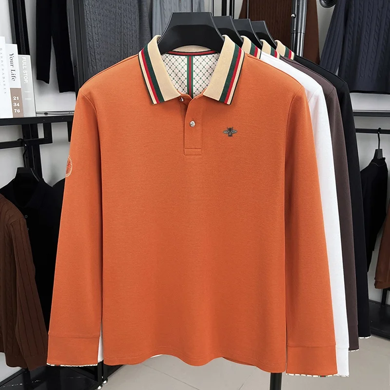 Designer Men's Embroidery Print Polo Shirt Autumn New Cotton Long Sleeve Lapel Solid Color T-shirt Exquisite Business Men's Wear