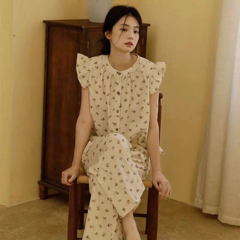 Women Summer Sleeveless Two-Pieces Sleepwear Lady Floral Printing Cotton Linen Pajamas Casual Long Pants Pyjama Sets Homewear