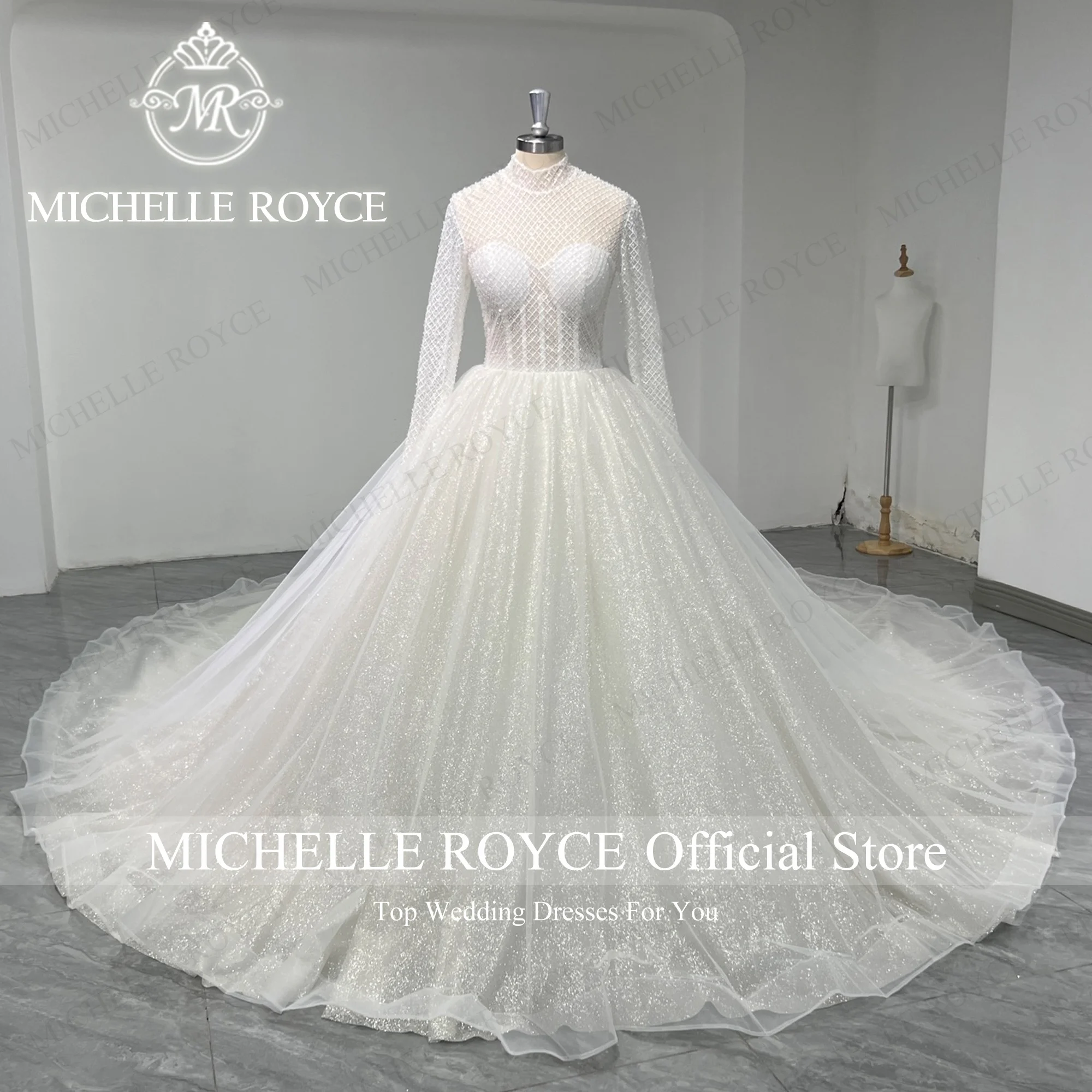 Michelle royce vestido de casamento de manga longa halter ilusão glitter miçangas trem real vestido de baile trabalho real vestidos de novia