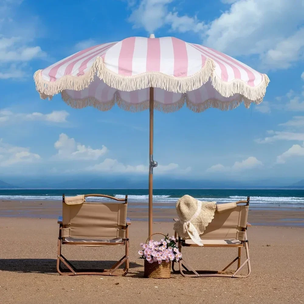 Parapluie de Plage Boho avec Frange de 6,5 Pieds, Produit Pliable avec 50 + Pompons et Sac de Transport, Poteau en Bois de Qualité Supérieure