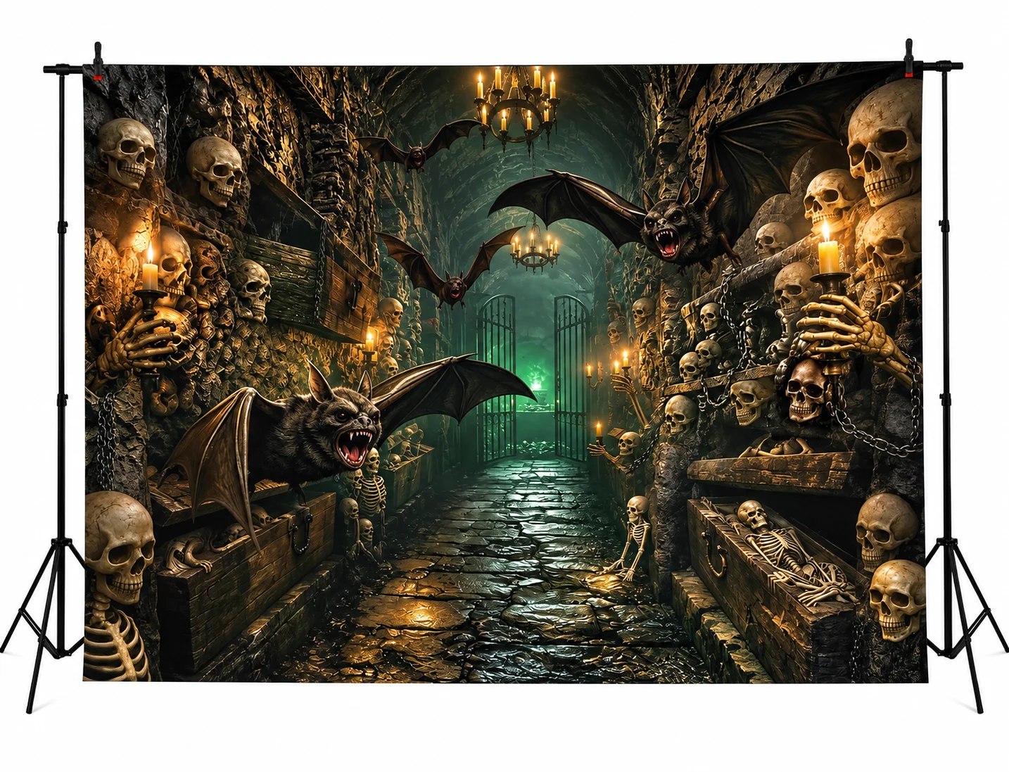 Halloween Skull Party Backdrop Haunted Dungeon Bats Skeletons Candles Gothic Crypt Dark Horror Spooky Fantasy Party Decor