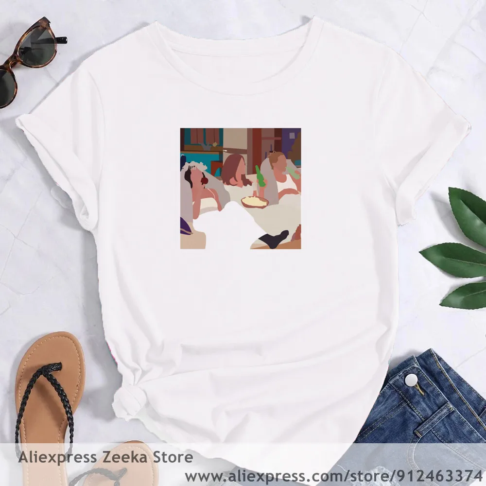 Friends TV Hip Hop Hipster Cartoon Print Women Funny Print Ladies T-shirt Girl Y2K Harajuku Basis O-collar White Shirt Short