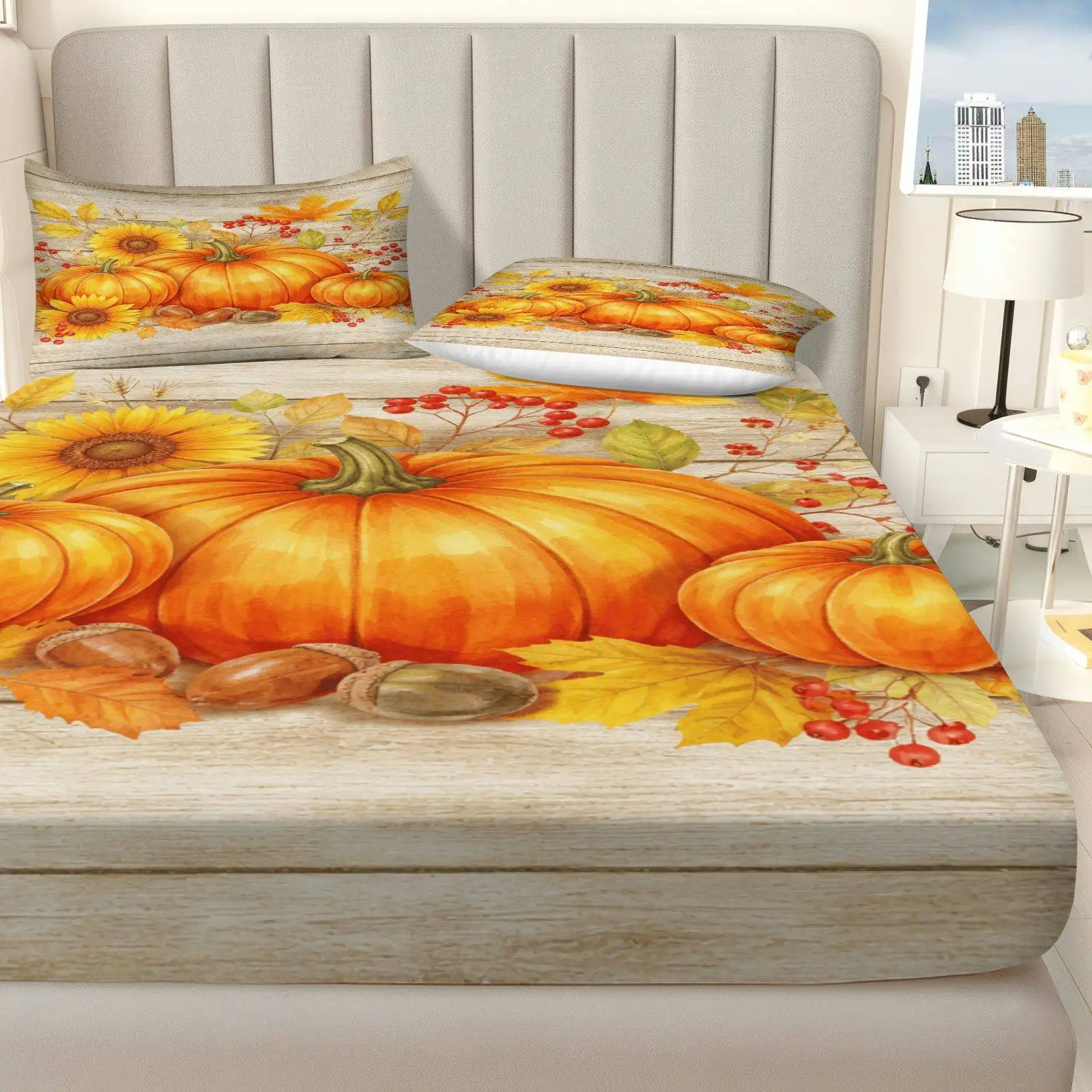 Pumpkin Sunflower Autumn Bedding Set Thanksgiving Theme, Bedding Three-Piece Set (Includes 1 Fitted Sheet + 2 Pillowcases) 3-Piece Set, Large Capacity Deep Pocket 2D Printed Fitted Sheet and 2 Pillowcases, Mattress Protector, Fitted Elastic Style, Protective Cover, Mattress Protector, Suitable for All Seasons, Machine Washable Design, Holiday Decoration, Various Sizes, Breathable Protective Cover with Pillowcases