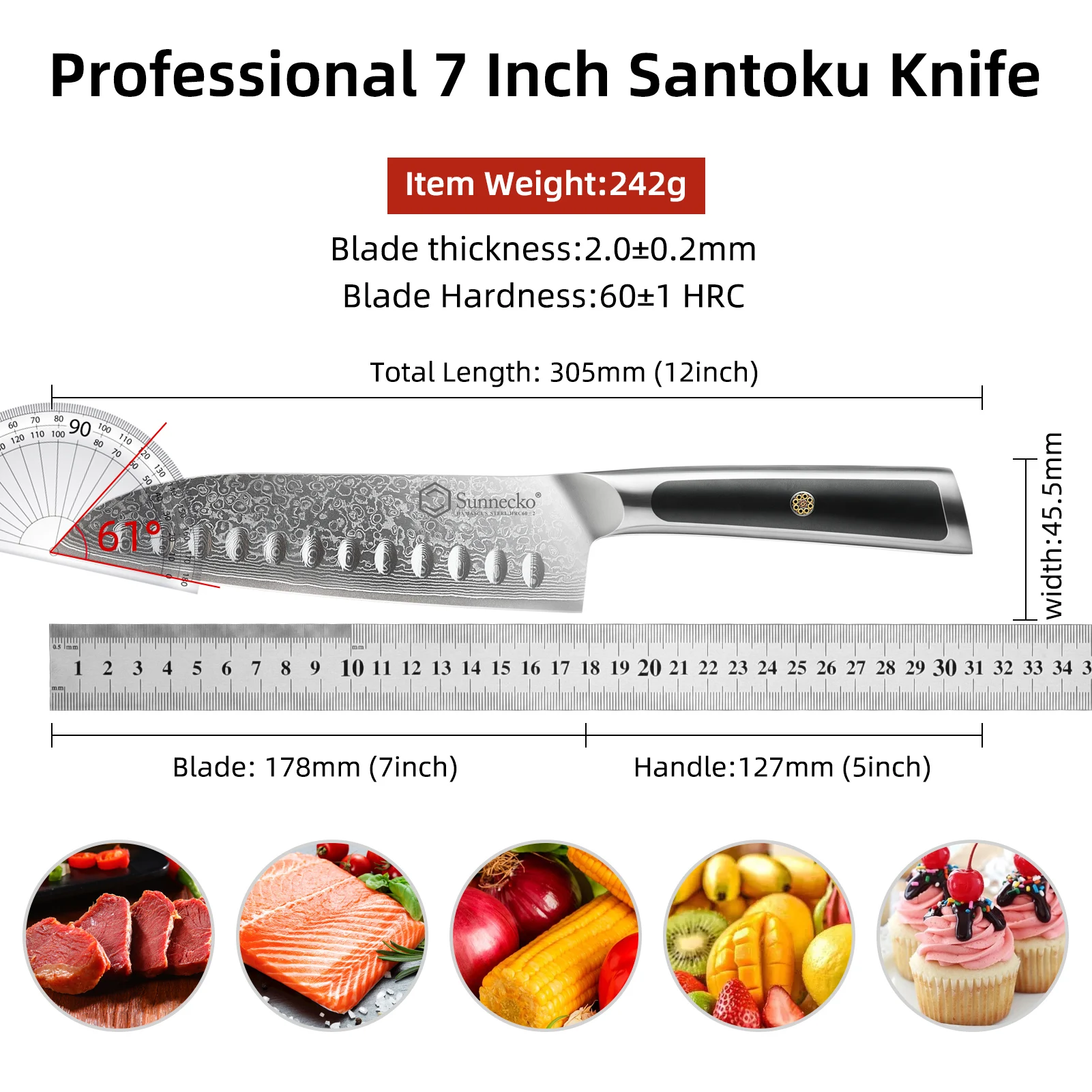 Imagem -05 - Sunnecko-faca Santoku Japonesa para Carne e Sushi Utensílios de Cozinha Polegadas Aço Damasco Afiado