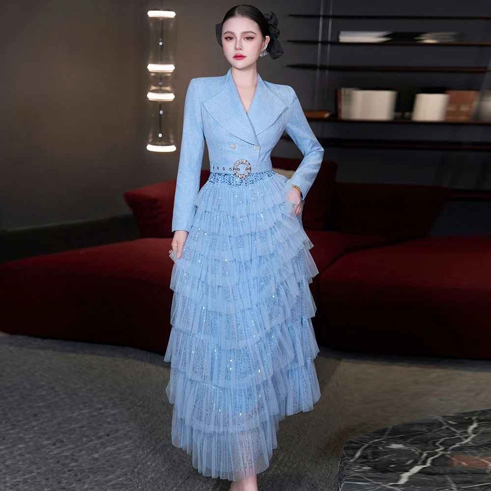 

ZJYT Элегантные роскошные многоуровневые сетчатые длинные платья с блестками для женщин 2026 Весеннее новое модное вечернее платье с зубцами Синий Белый