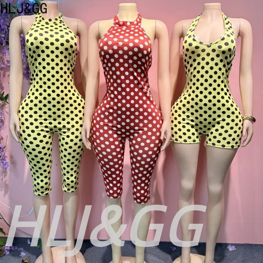

HLJ&GG Sexy Polka Dot Print Halter Backless Bodycon One Piece Jumpsuits Women Sleeveless Slim Playsuits Fashion Overalls Street