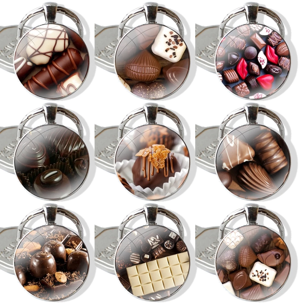 25mm Glass Cabohcon Keychain Key Rings for Women Men Jewelry Gift Chocolate Cupcakes Ice Cream