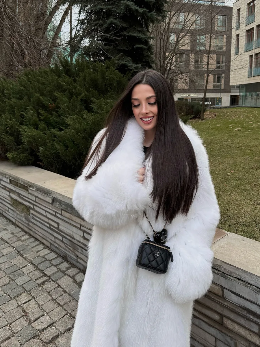 HDHOHR 2026 Winter Elegant Luxury Chic Super Long Faux Fox Fur Coat Women Thick Warm High Quality Pure White Fox Fur Jacket