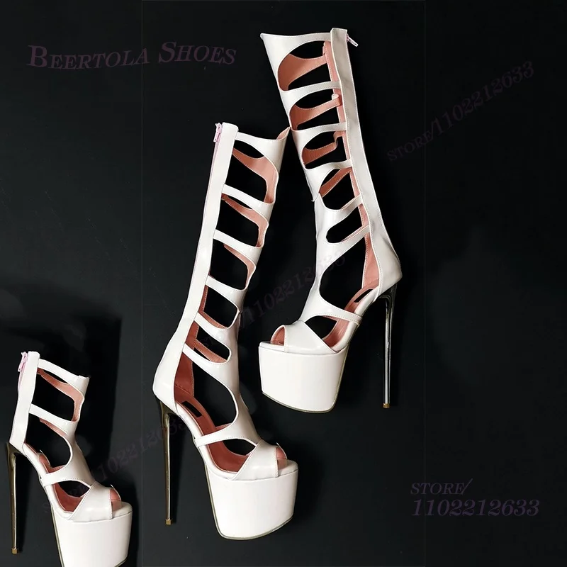 

Pure White Mesh Patent Leather Platform Hollow Stripe Sandals Peep Toe Wome Stilettos Back Zipper Knee Slingback Heels Pole Shoe
