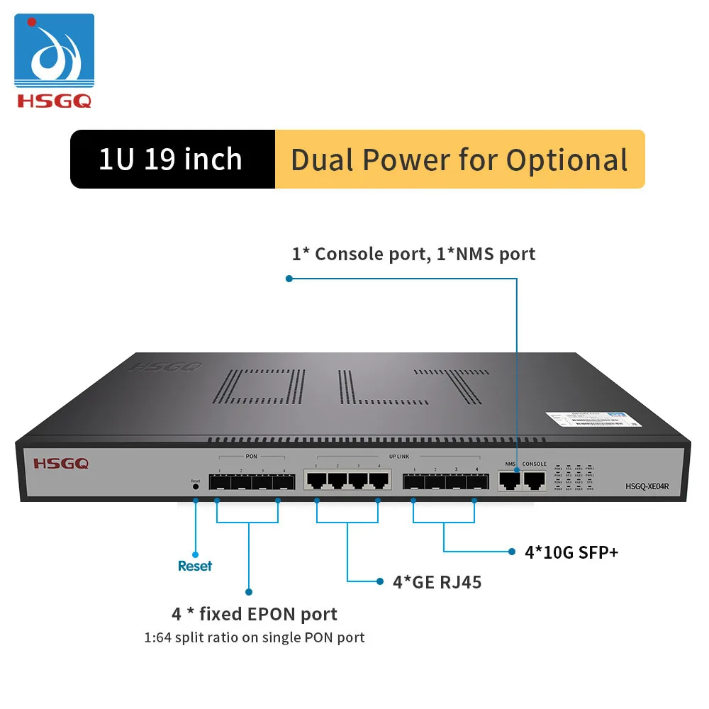 HSGQ-E04R, HSGQ-XE04R 1U 4 PON Ports EPON OLT 4 GE copper RJ45 ethernet ports, 4*GE(SFP)/10GE(SFP+) optical uplink ports