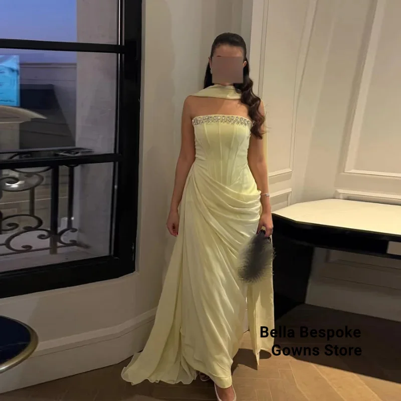 

Customized Strapless Evening Dresses Pleat rhinestone Beading Draped Straight ProM Gown Modern Long Chiffon Backless Party Dress
